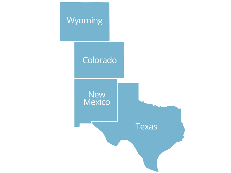A USA map of states with oil investment opportunities: Wyoming, Colorado, New Mexico, and Texas